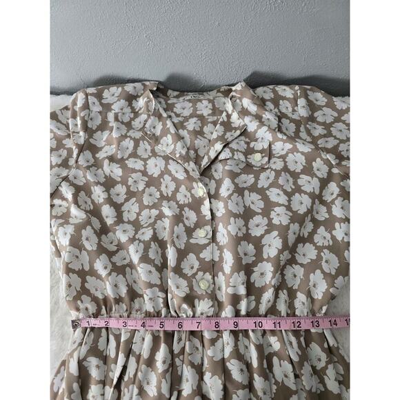 Vintage Orvis Tradwife Pleated Tan Floral Print Button Collared Midi Dress L‎ - Picture 10 of 12